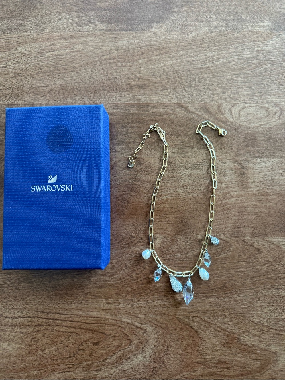 Swarovski Gold-Tone Necklace with Clear Crystal and Pearl Charms